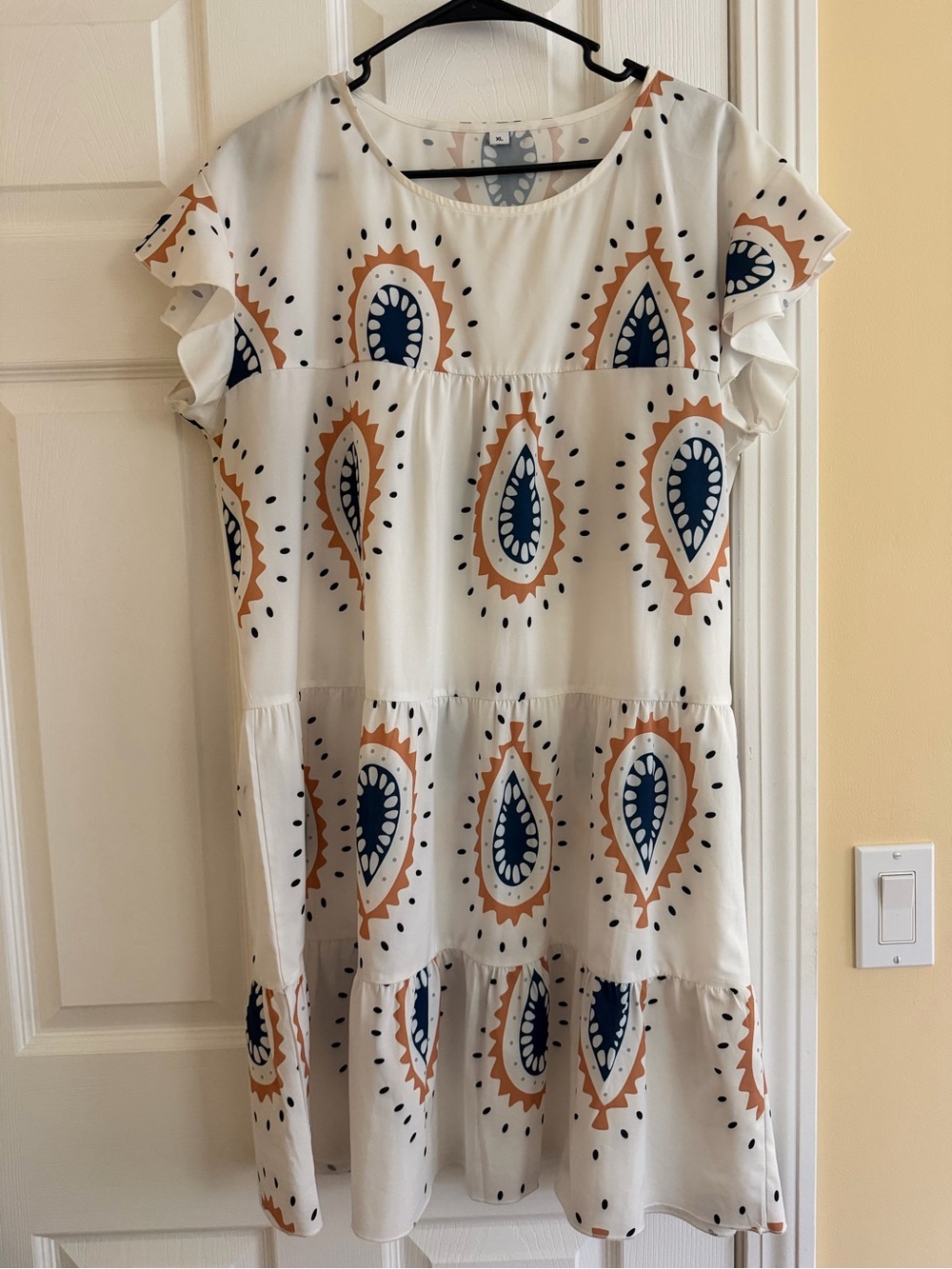 Tiered Ruffle Sleeve White Dress with Blue & Tan Print